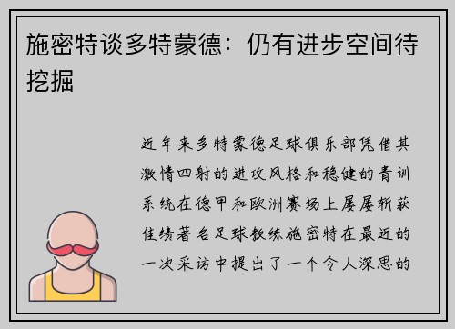 施密特谈多特蒙德：仍有进步空间待挖掘