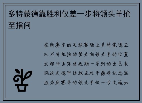 多特蒙德靠胜利仅差一步将领头羊抢至指间